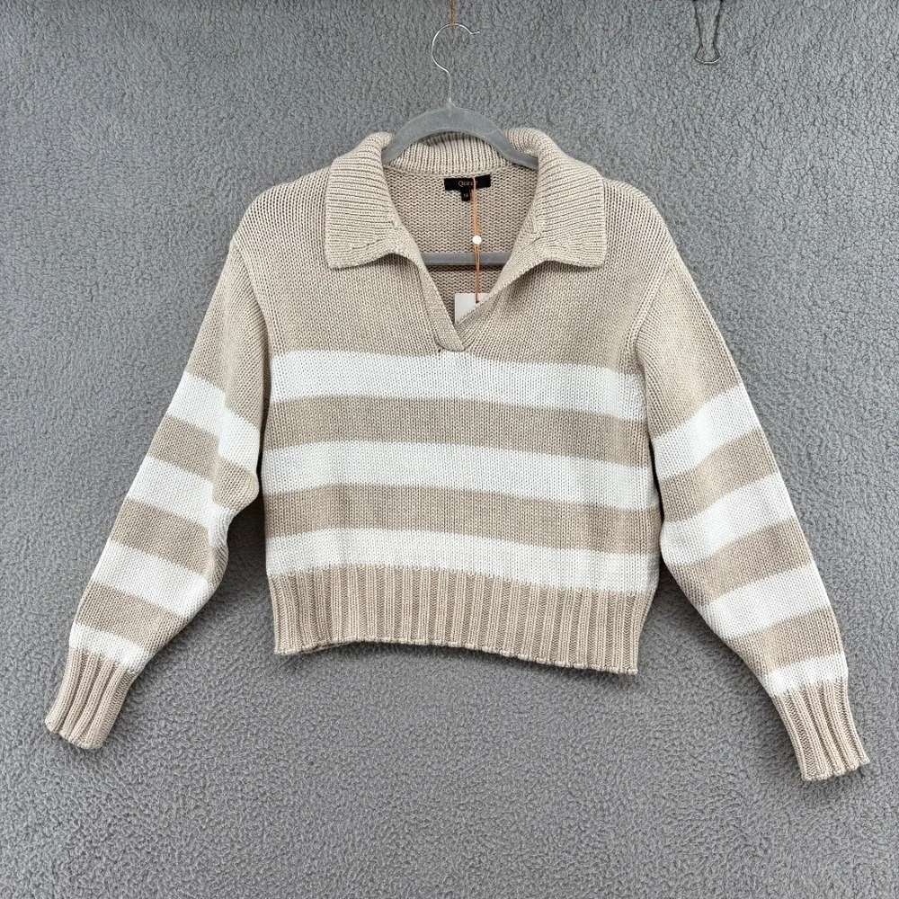 Quince Cream and White Striped V-Neck Sweater - Picture 5 of 15